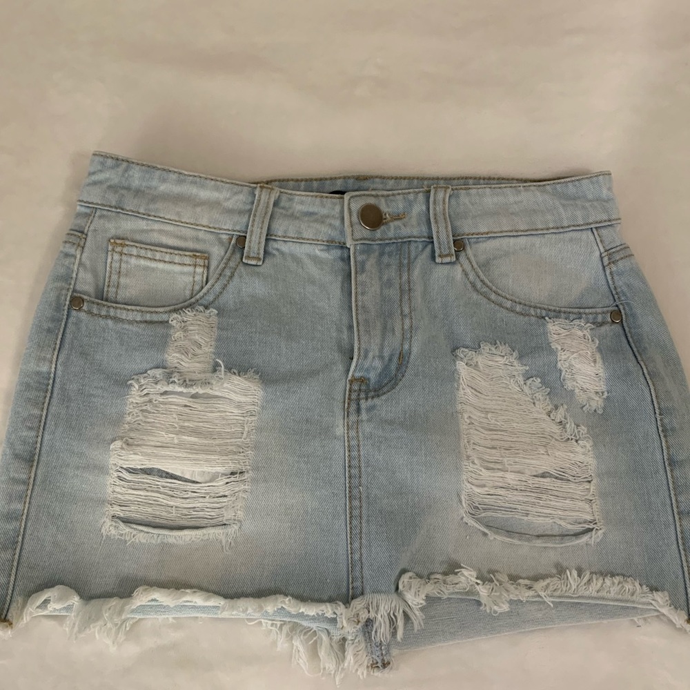 Womens Distressed Denim Mini Skirt Light Wash